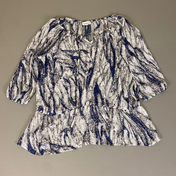 Studio Works Peasant Blouse‎ Top Plus Size 2X Blue Gray Tie Neck 3/4 Sleeve - Picture 1 of 11
